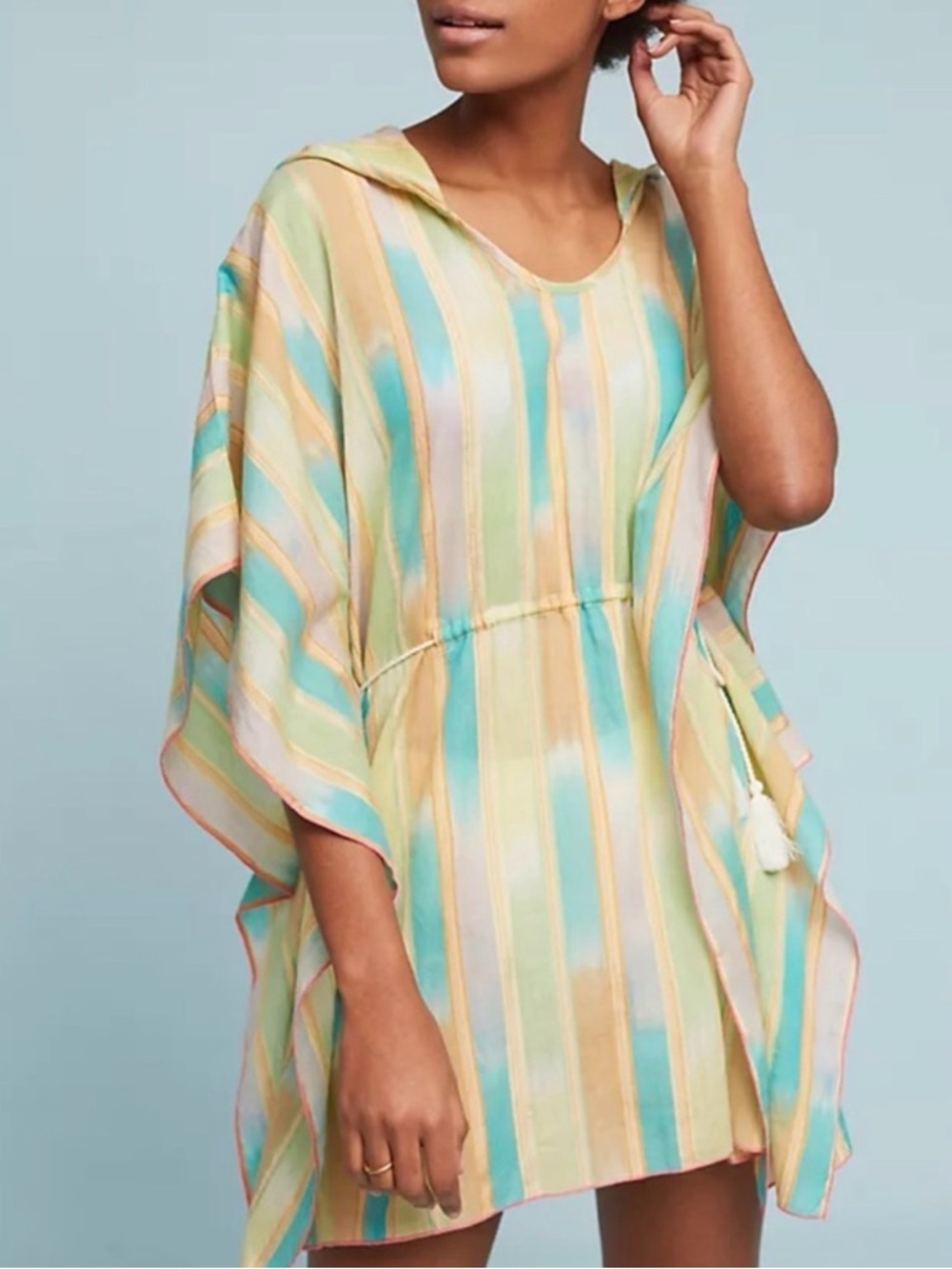 Anthropologie Lilka Pastel Yarn Dyed Tunic Hooded Poncho Beach Cover up M/L - Picture 3 of 9